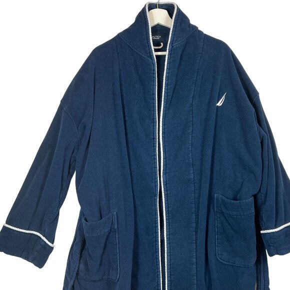 Nautica Mens Navy Blue Cotton Bathrobe With Piping Two Pockets & Adjustable Belt - Picture 2 of 11
